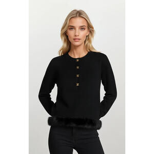 Vintage Chanel Black Wool Sweater With Mink Trim CC Logo Gold Buttons  40